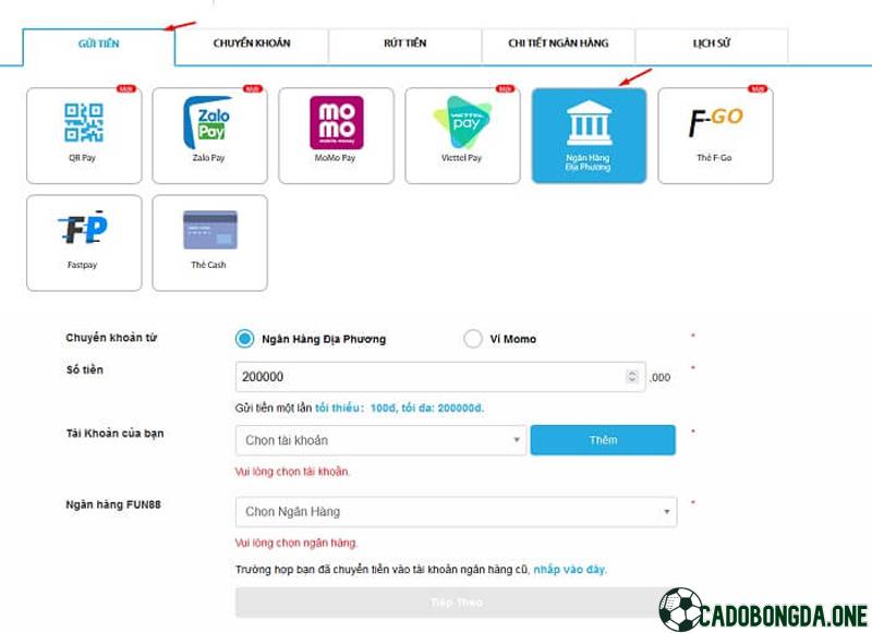 Cách nạp tiền cá cược thể thao Fun88