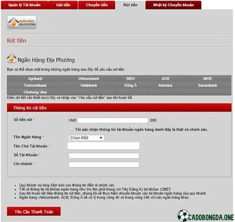 Cách rút tiền tại nhà cái 12bet