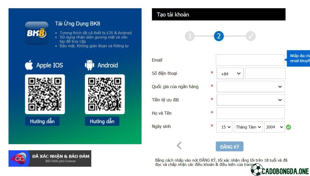 Đăng ký tài khoản cá cược tại nhà cái BK8 1