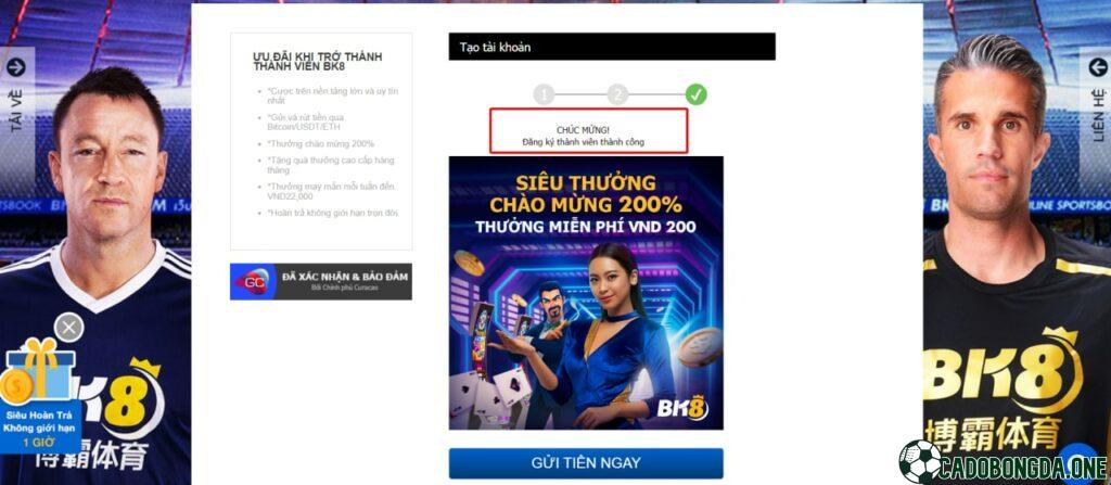 Thông báo đăng ký thành công tài khoản cá cược tại nhà cái BK8