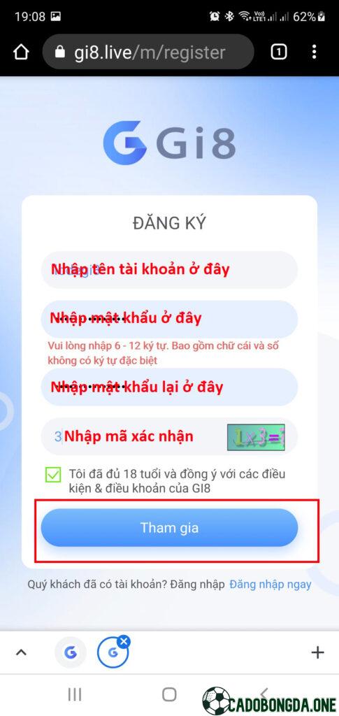 Hướng dẫn đăng ký tài khoản cá cược tại Gi8