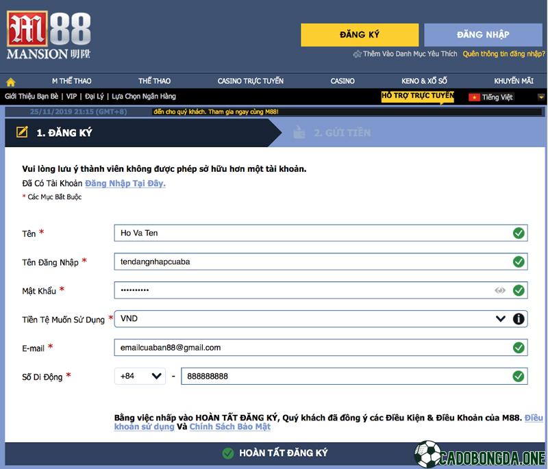 Đăng ký tài khoản cá cược M88
