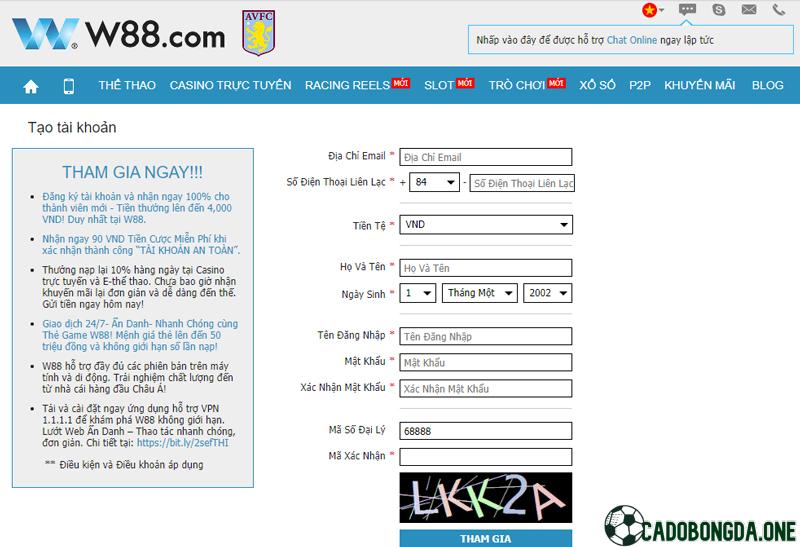 Đăng ký tài khoản tại W88