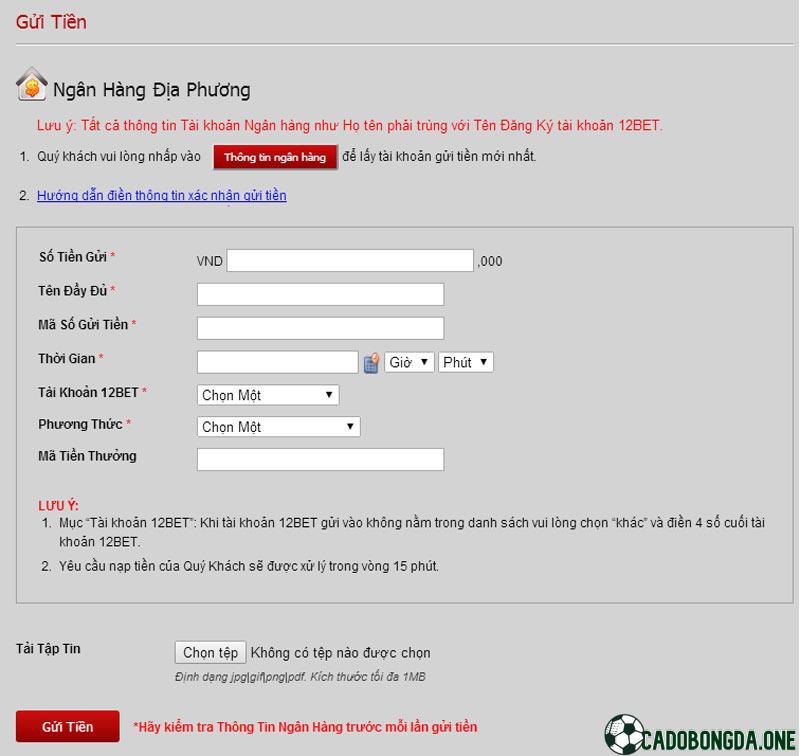 Hướng dẫn nạp tiền cá cược tại 12bet