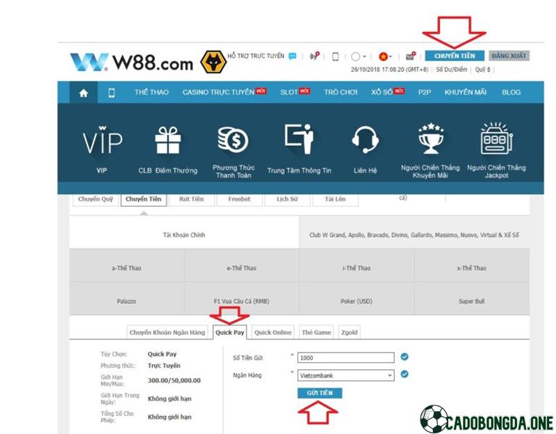Các bước nạp tiền tại W88